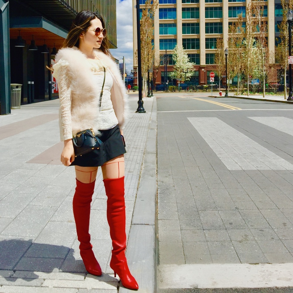 Stuart Weizmann red leather over-the-knee boots